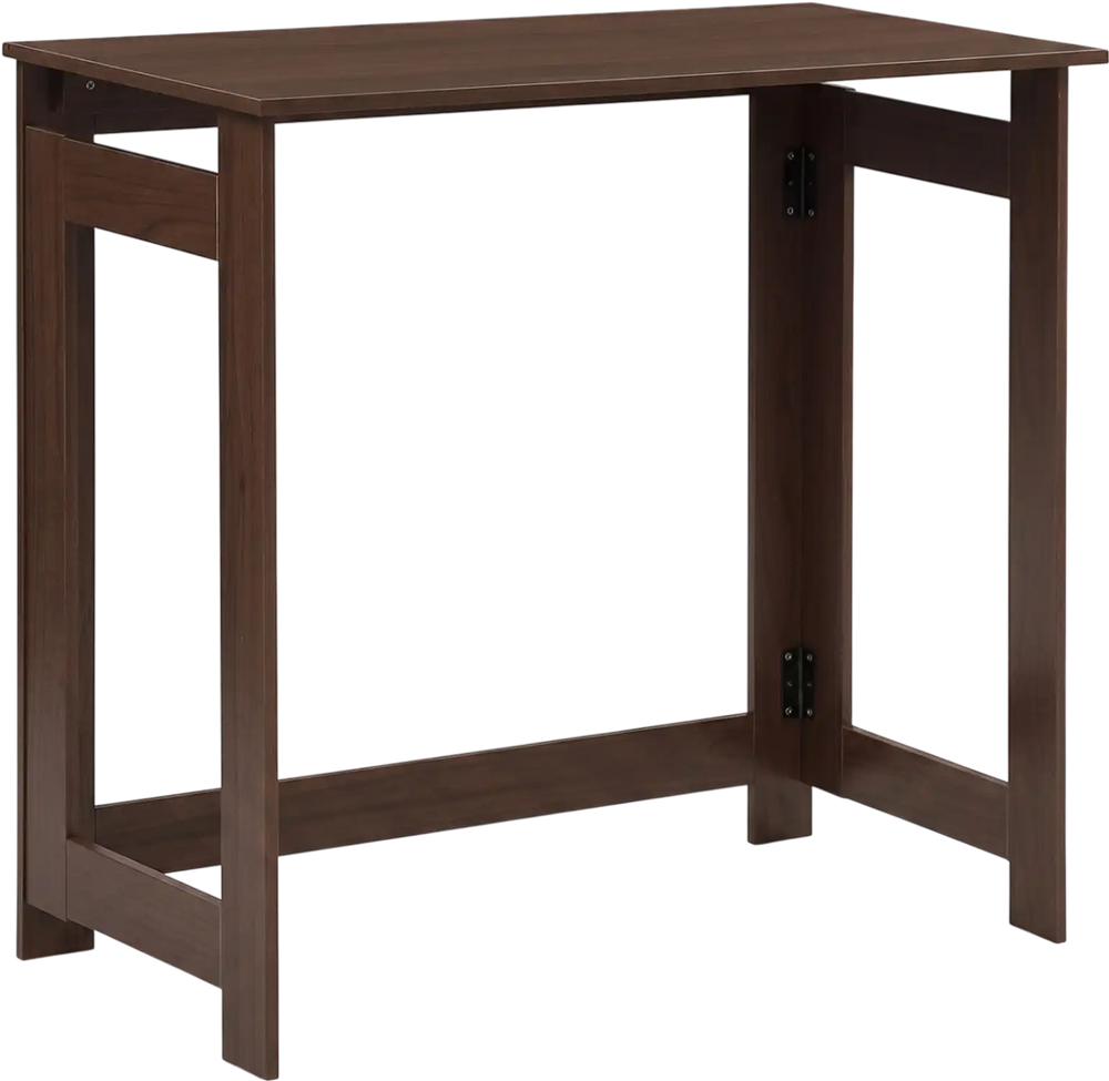 Brown folding console table with foldable legs, spacious tabletop, and sturdy design for entryway or living room use.