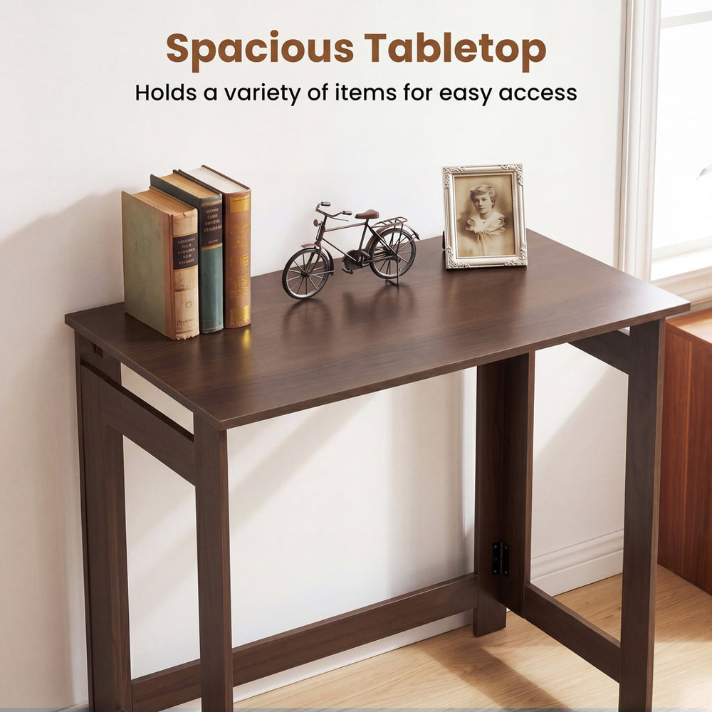 Folding console table with a spacious brown tabletop, ideal for easy access and versatile placement in any room.