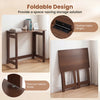 Folding console table in brown with foldable legs, featuring metal studs and hinges for stability and space-saving.