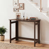 Brown folding console table with foldable legs, featuring a spacious tabletop and sturdy construction for entryways or.