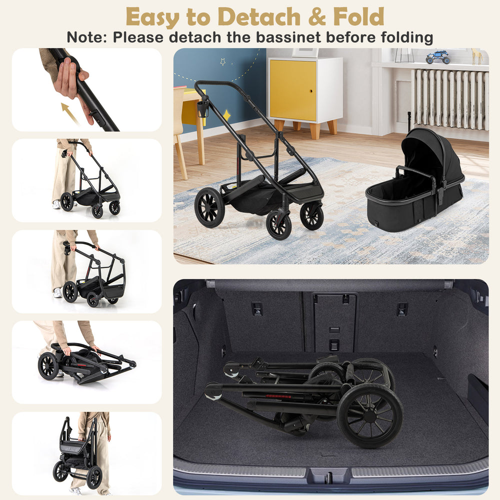 Folding 3-in-1 stroller with detachable bassinet, lightweight aluminum frame, and spacious storage for baby essentials.
