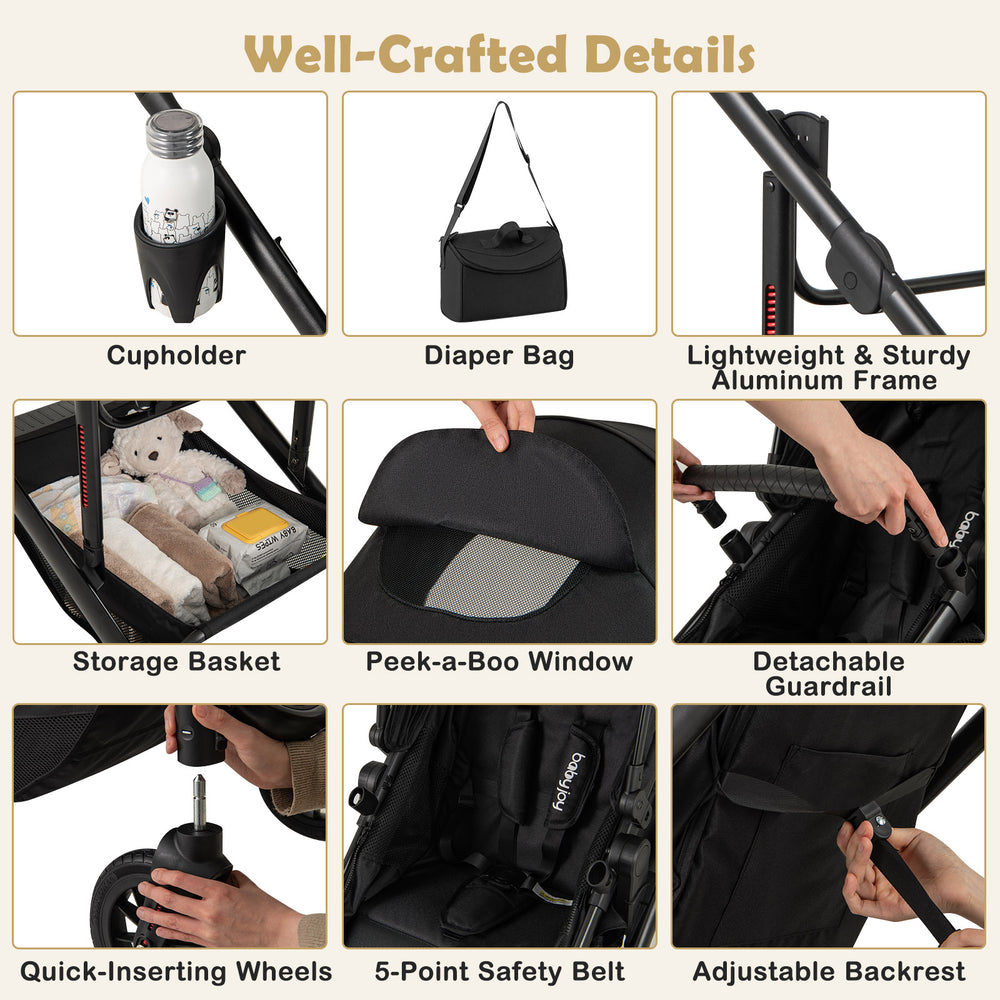 Detachable guardrail and adjustable backrest of the 3-in-1 folding stroller in black, perfect for newborns.