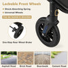 Close-up of the lockable front wheels of the 3-in-1 folding stroller, featuring shock-absorbing springs for stability.