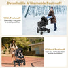 3-in-1 folding stroller in black with detachable footmuff, ideal for cold weather, shown in snowy and sunny settings.