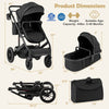 3-in-1 folding convertible stroller in black with detachable bassinet, lightweight frame, and spacious storage basket.