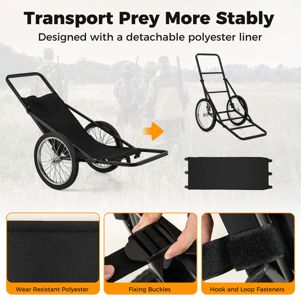 Folding deer game cart with rubber wheels and detachable polyester liner, designed for stable prey transport.