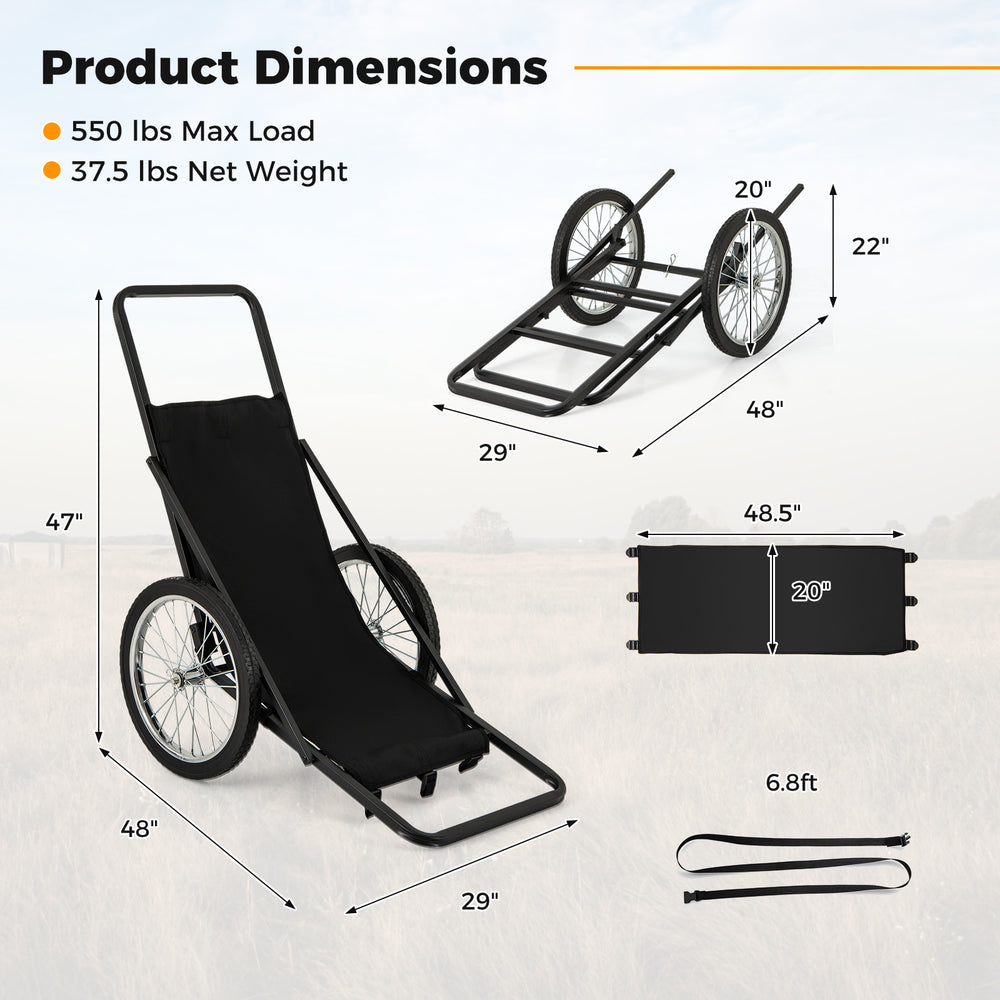 Folding deer game cart with a robust metal frame, polyester liner, and rubber wheels for all-terrain use, 550 lbs.