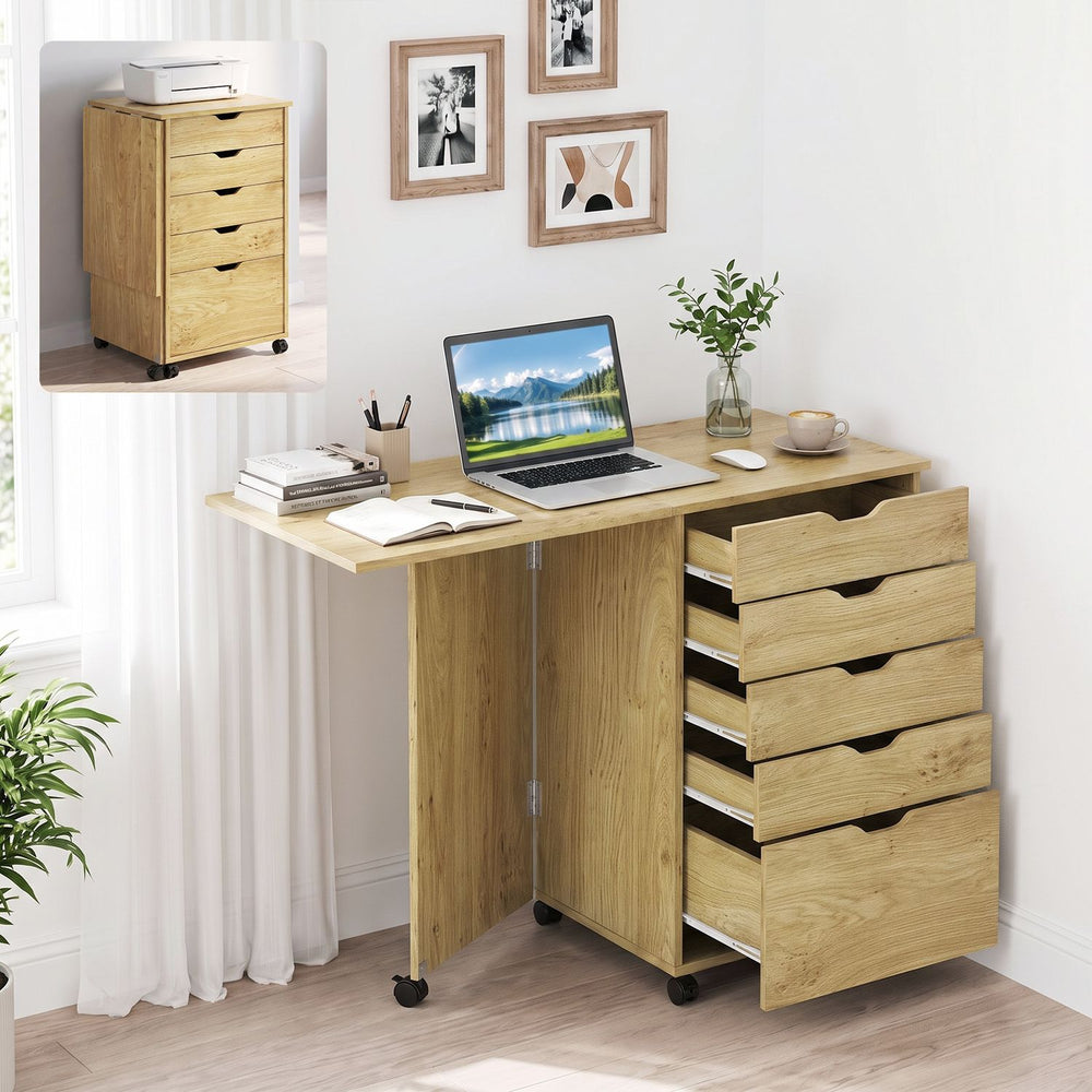 Folding Desk with Storage Drawers and Wheels for Dorms Apartments-Natural - Gallery View 1 of 10