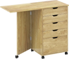 Folding desk with storage drawers and wheels in natural finish, featuring five drawers for organization and easy mobility.