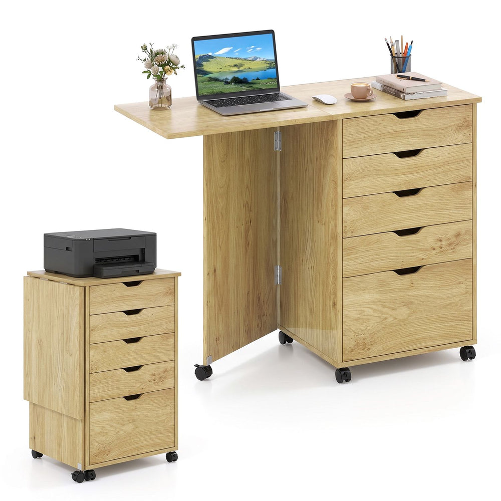 Folding desk with storage drawers in natural finish, featuring wheels for mobility and ample workspace for dorms or apartments.