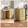 Folding desk in natural finish, featuring 5 storage drawers and wheels, easily transforms from a computer desk to a cabinet.
