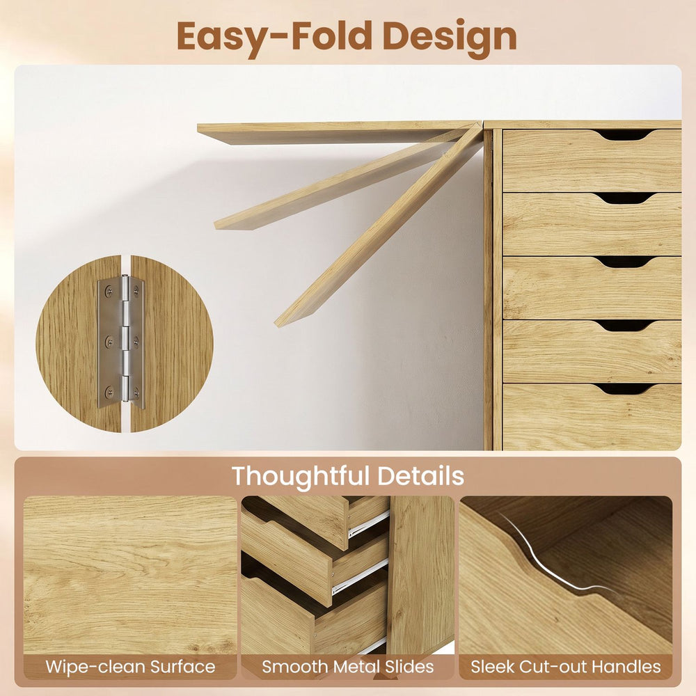 Folding desk with storage drawers in natural finish features easy-fold design and smooth metal slides for versatile use.