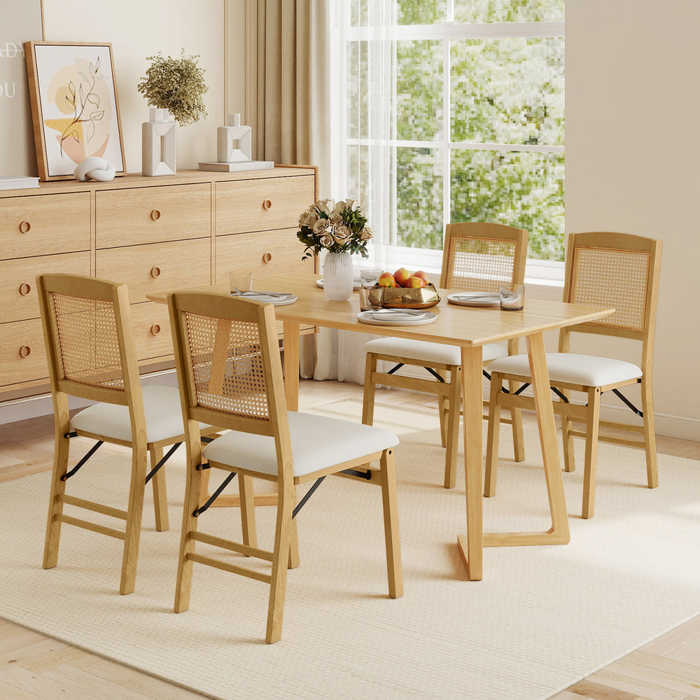 Folding Dining Chairs Set of 4 Rubber Wood Chairs with Linen Padded Seat-Natural - Gallery View 1 of 10