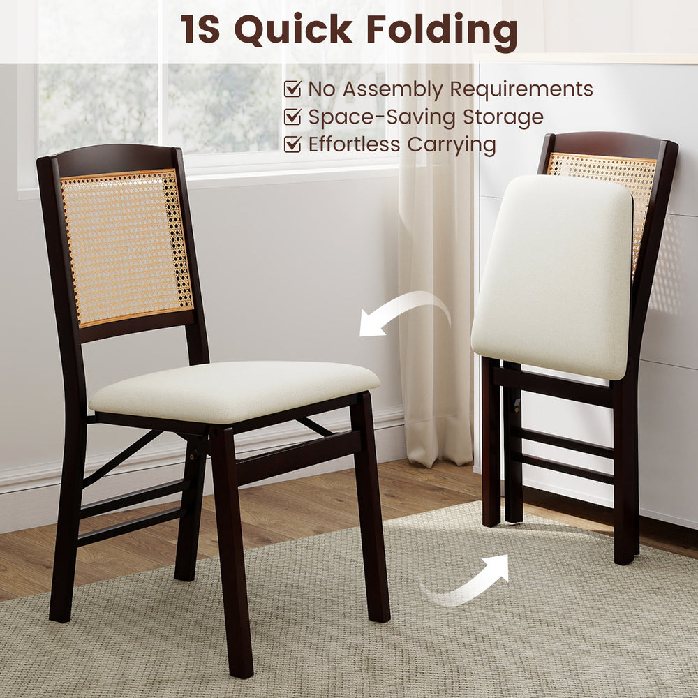 Folding dining chair set with rubber wood frame and linen padded seat, featuring quick folding design for easy storage.