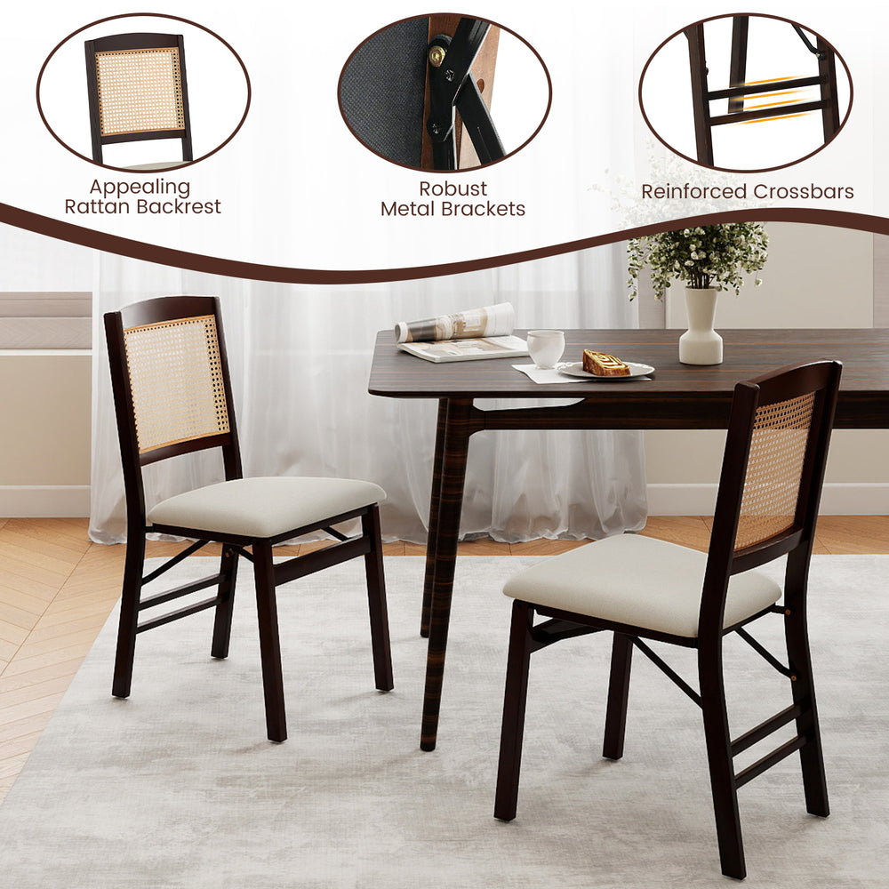 Folding dining chair in coffee with appealing rattan backrest and soft linen padded seat, perfect for stylish dining.