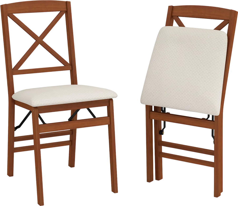 Folding dining chairs set of 2 with padded seats and rubber wood frame, featuring ergonomic X-shaped backrests.