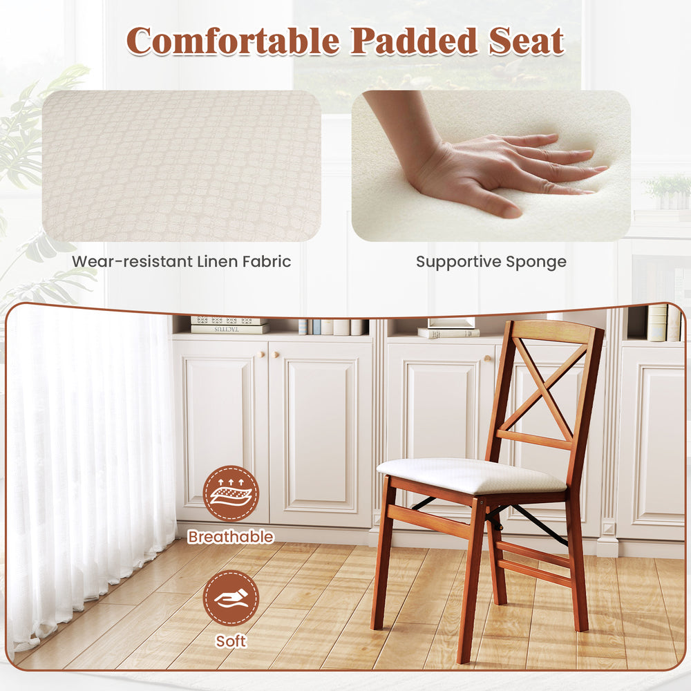 Folding dining chair set with padded seat, rubber wood frame, and ergonomic backrest for comfortable dining.