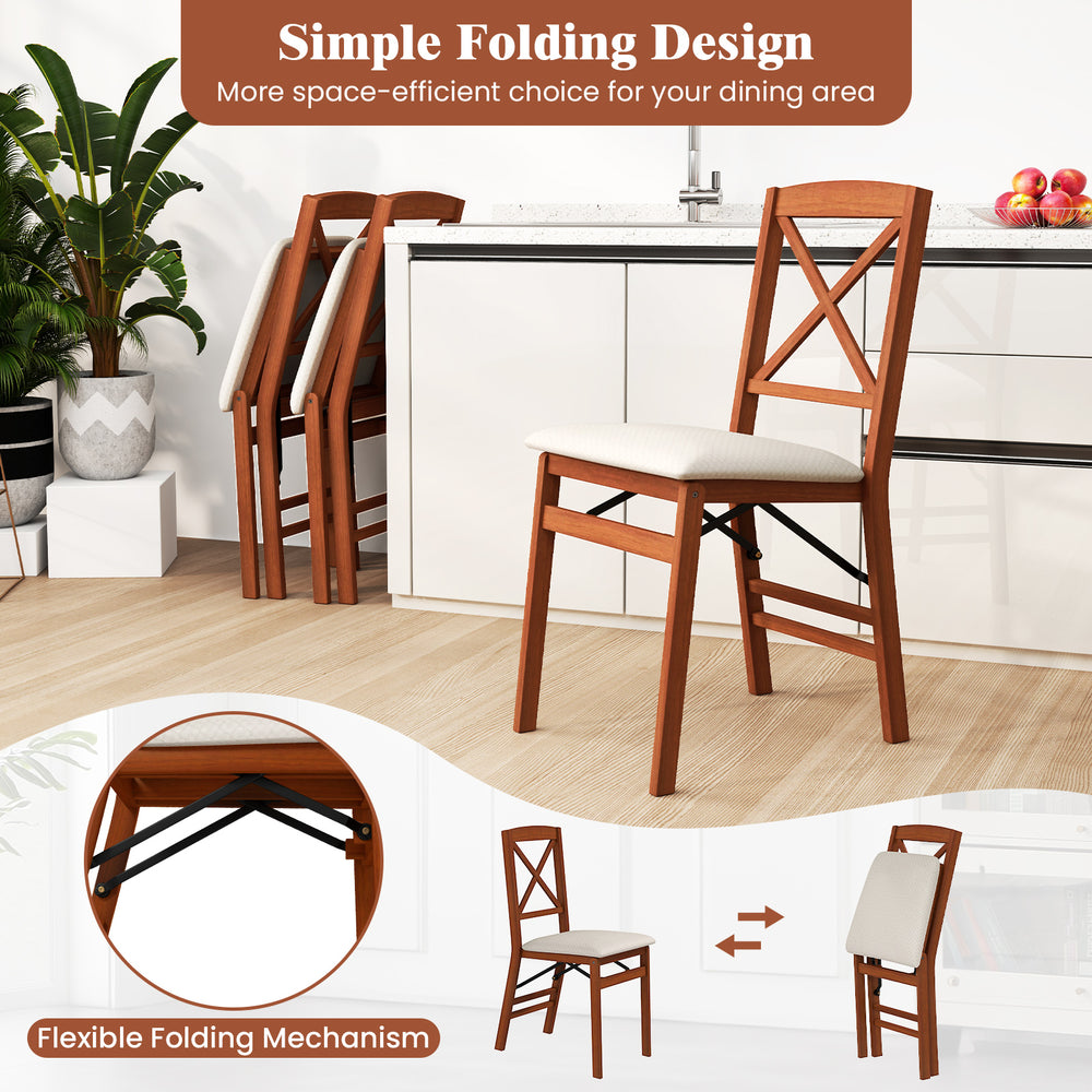 Folding dining chair set of 2 with padded seat and rubber wood frame, designed for space-saving in dining areas.