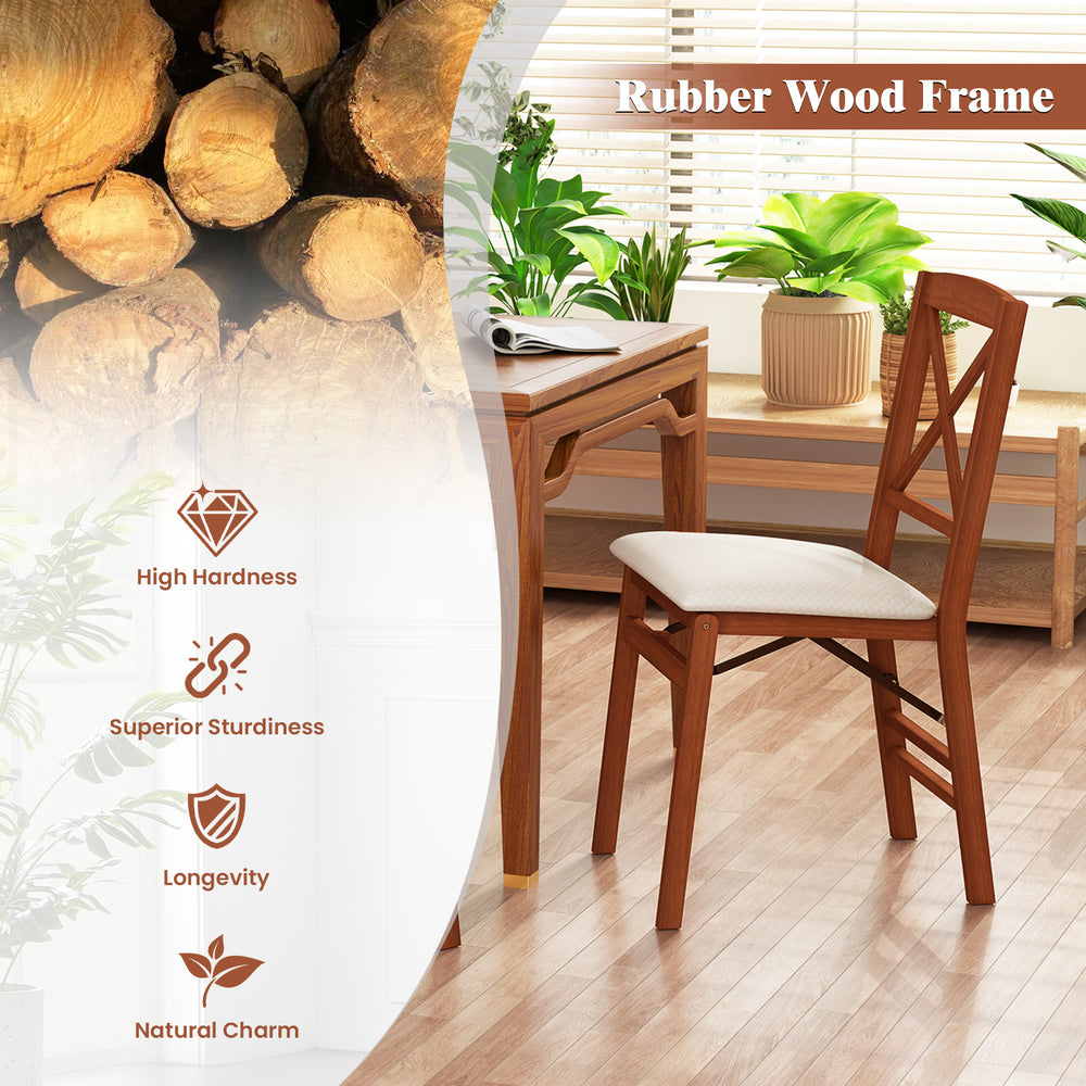 Folding dining chair with padded seat and rubber wood frame, featuring ergonomic backrest for comfort in small spaces.