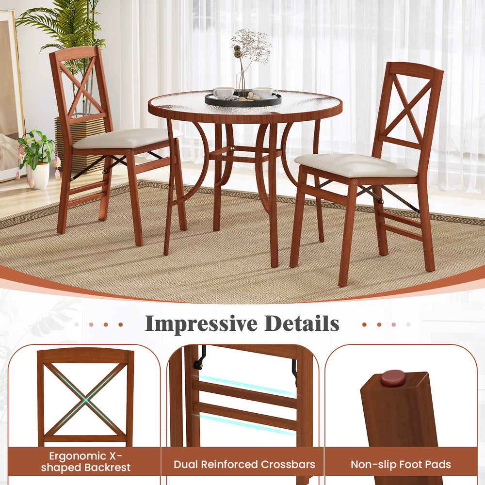 Folding dining chairs set of 2 with padded seats, ergonomic X-shaped backrest, and durable rubber wood frame.