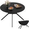 Round black folding dining table with drop leaves, versatile for small spaces, featuring an X-shaped metal frame.