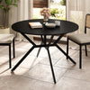 Round black folding dining table with drop leaves, X-shaped metal frame, ideal for compact spaces and versatile use.