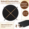 Folding dining table with a 47-inch round MDF top, featuring an X-shaped metal frame and adjustable foot pads for.