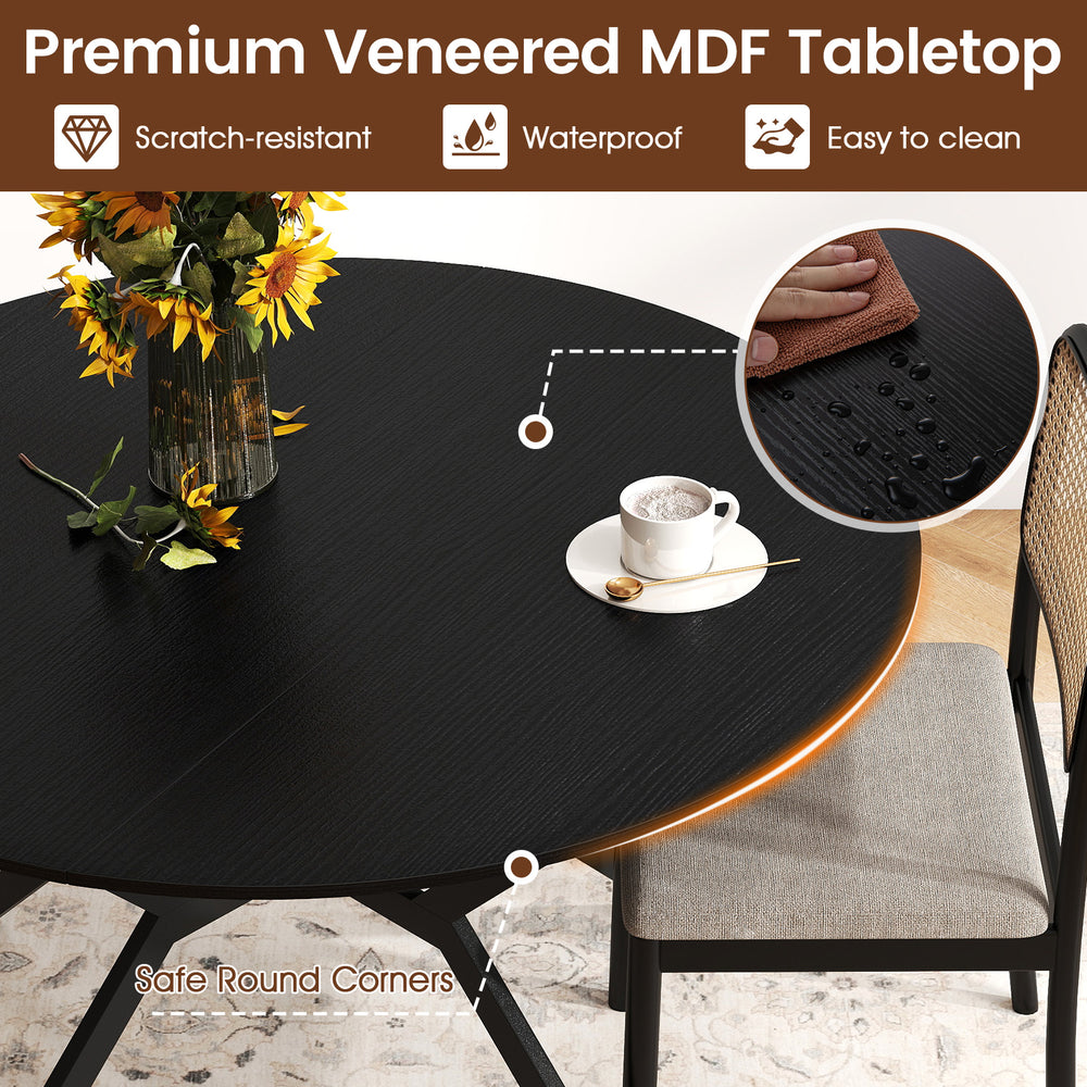 Folding dining table with a 47-inch black MDF tabletop, featuring drop leaves and round corners for compact spaces.