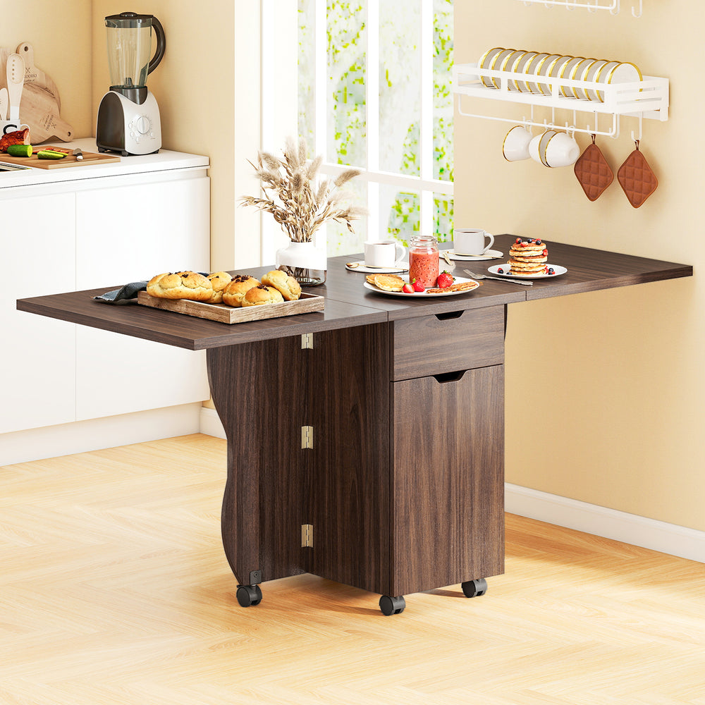 Folding Dining Table 3-in-1 Space-Saving Drop Leaf Kitchen Table with Lockable Wheels-Walnut - Gallery View 1 of 11