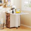 Folding dining table showcasing a side view with spacious storage drawers and lockable wheels for versatile.
