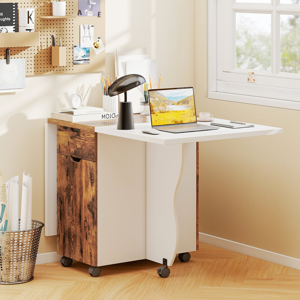 Folding dining table showcasing a side view with spacious storage drawers and lockable wheels for versatile.