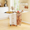 Folding dining table with a wood-like texture, featuring lockable wheels and storage drawers, ideal for versatile.