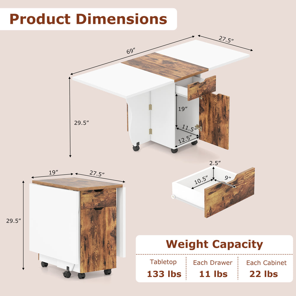 Folding dining table dimension chart highlighting 3-in-1 design, with specifications for versatile kitchen and dining.