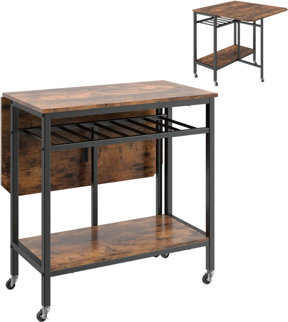 Folding dining table in rustic brown with expandable top, wine rack, and wheels for easy mobility and compact storage.
