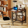 Folding dining table in rustic brown with expandable top, wine rack, and wheels, ideal for small spaces and versatile.