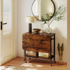 Folding dining table in rustic brown with expandable top, wine rack, and wheels, perfect for small spaces.
