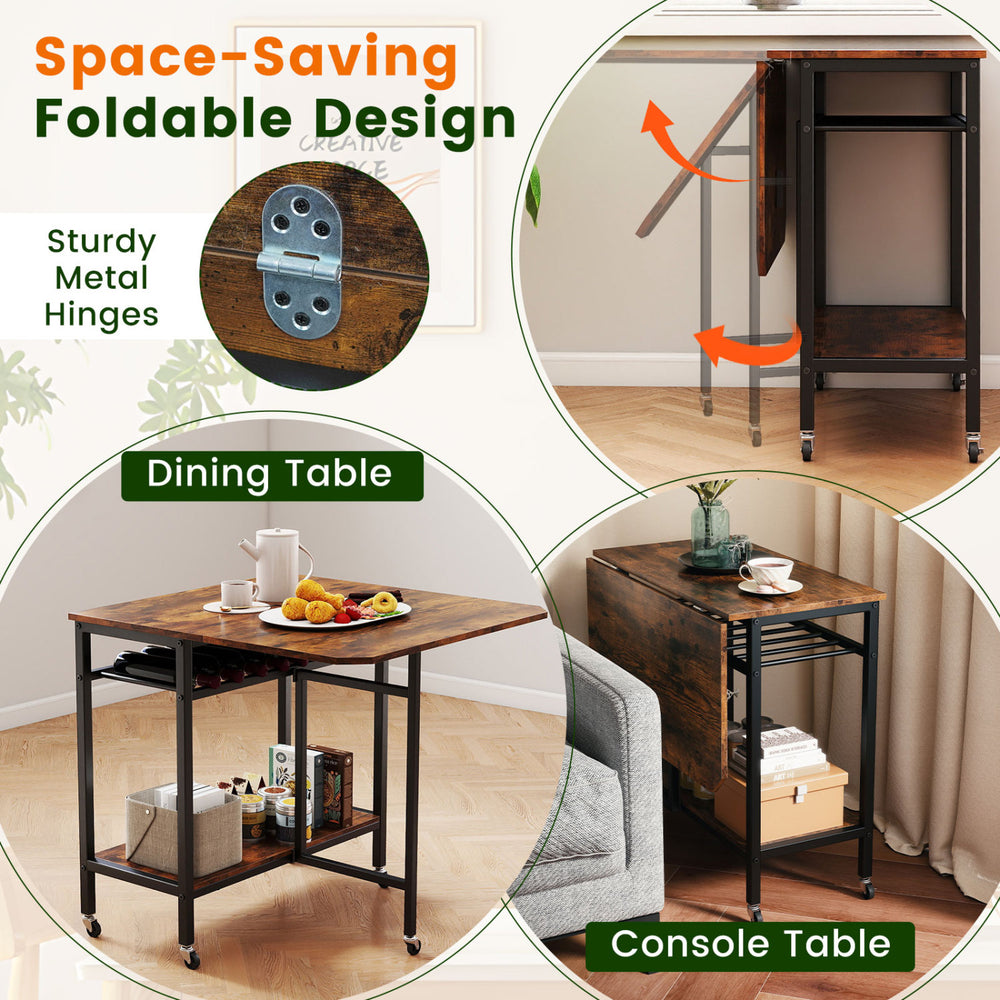 Folding dining table in rustic brown with expandable design, wine rack, and wheels for easy mobility in small spaces.