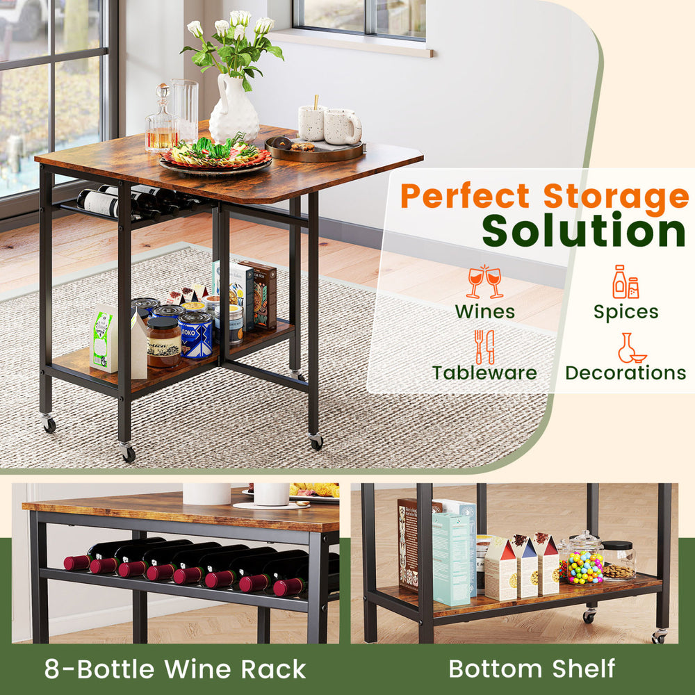 Folding dining table with expandable laptop, rustic brown finish, 8-bottle wine rack, perfect for compact storage.