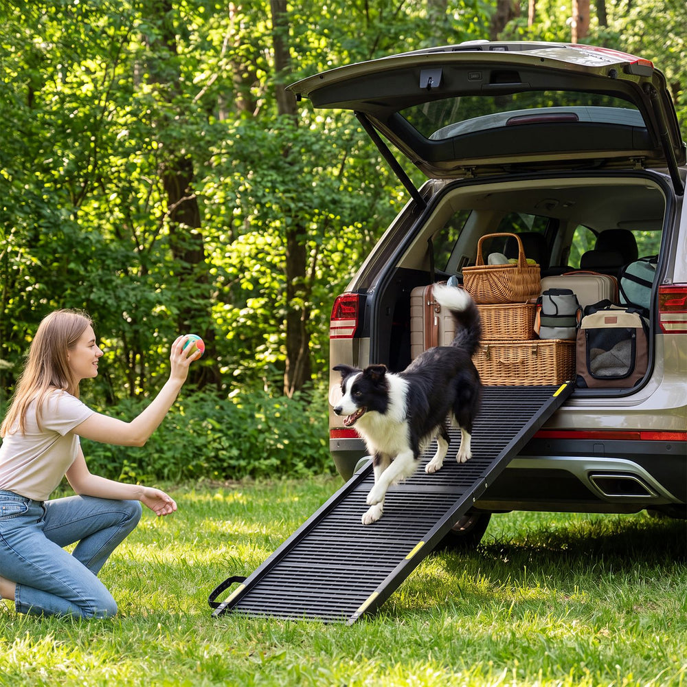 Folding dog ramp with a non-slip surface, designed for large dogs, provides easy access to vehicles and reduces joint stress.
