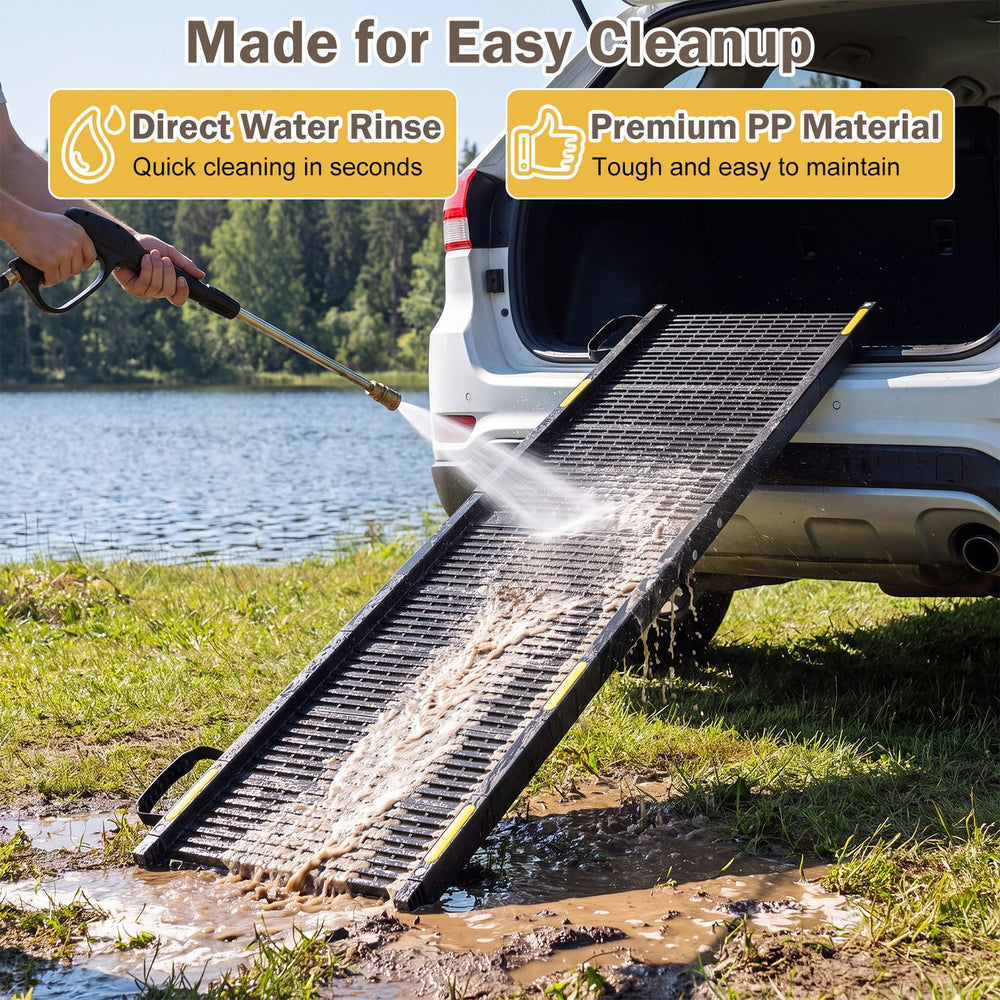 Folding dog ramp with a non-slip surface, designed for large dogs, offers easy access to vehicles and quick cleaning.