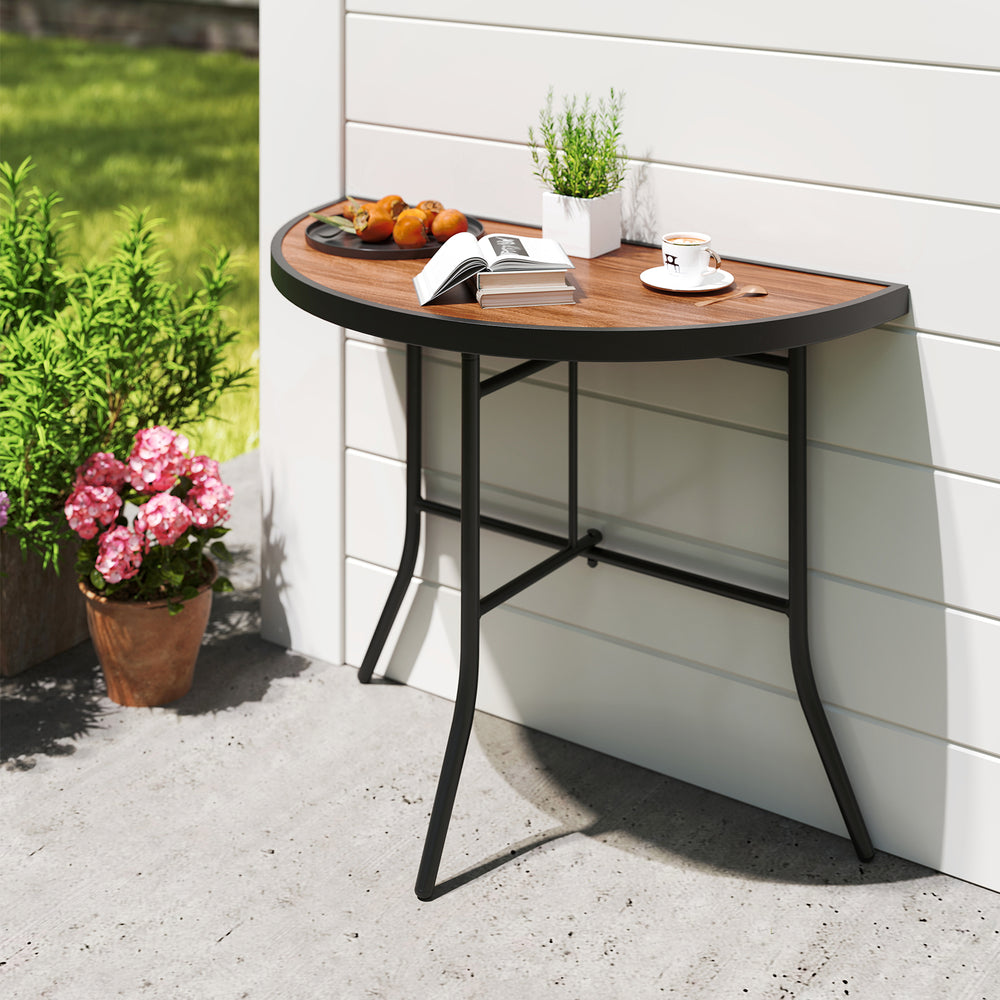 Half-round folding event table with a wooden top and metal frame, perfect for outdoor gatherings and easy storage.