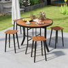 Half-round folding event table with metal frame and four stools, perfect for garden or poolside gatherings.