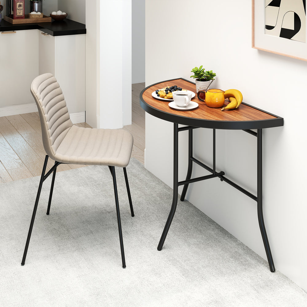 Half-round folding event table with metal frame, featuring a wood-like SPC top, ideal for indoor and outdoor use.