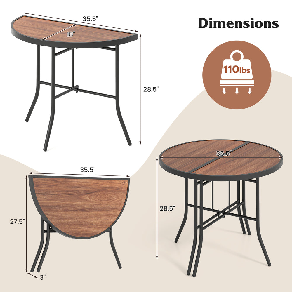 Half-round folding event table with SPC tabletop and metal frame, ideal for indoor and outdoor use, easy to store.
