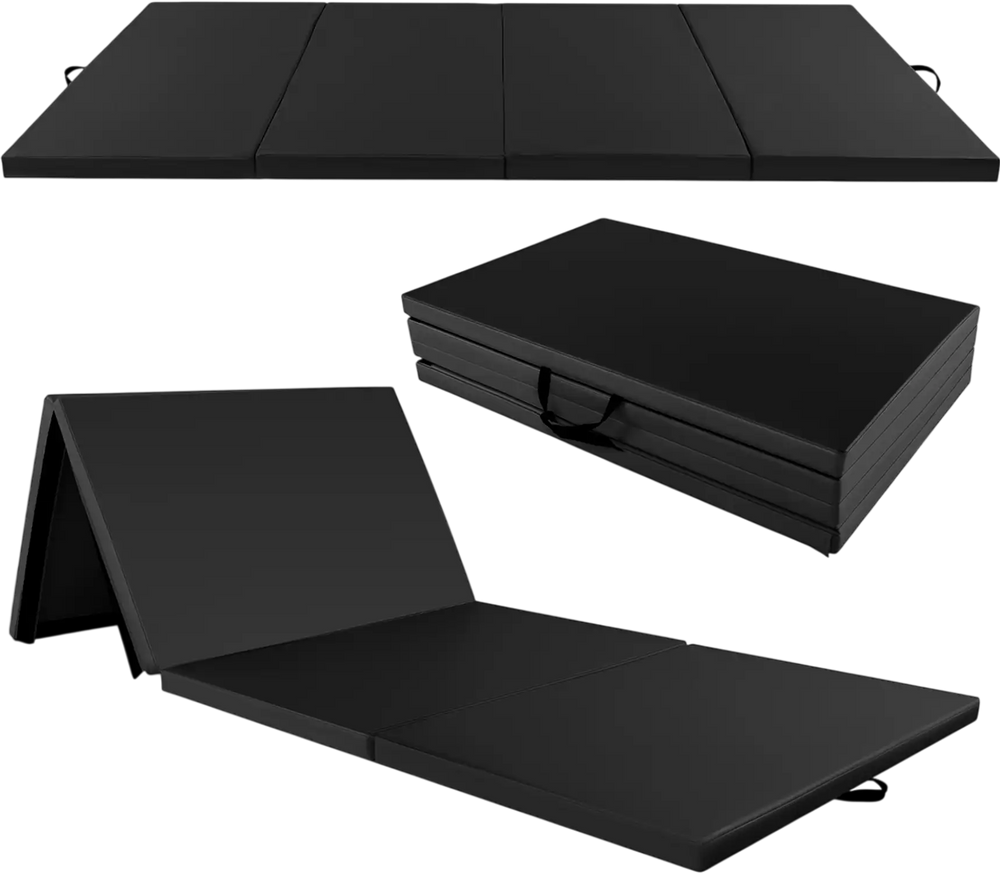 Black 4-panel PU leather folding exercise mat with carrying handles, ideal for stretching and gymnastics.
