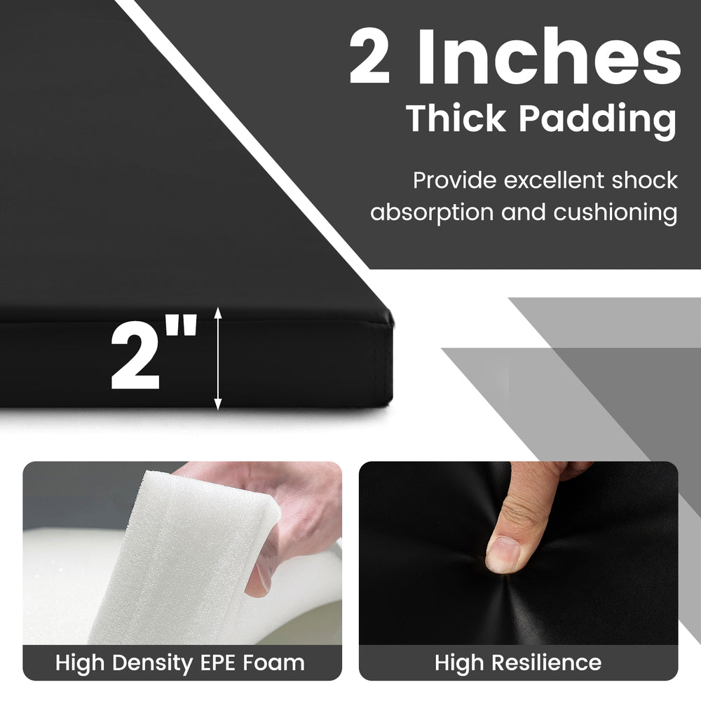 Black 4-panel folding exercise mat with 2 inches thick EPE foam padding for joint protection and easy transport.