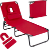 Red folding tanning chair with face hole, adjustable backrest, and 3 removable pillows for beach or poolside relaxation.