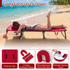 Folding face down tanning chair in red with 3 removable pillows, ideal for beach or poolside relaxation.