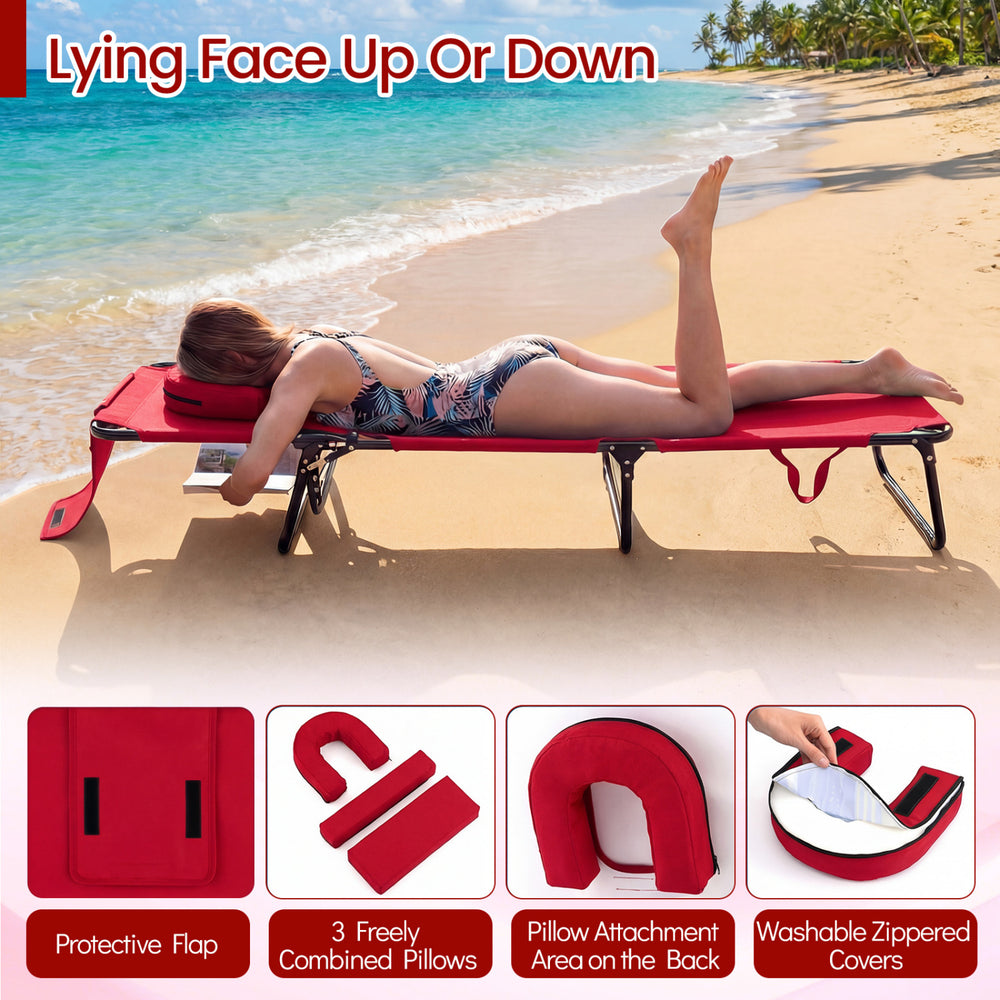Folding face down tanning chair in red with 3 removable pillows, ideal for beach or poolside relaxation.