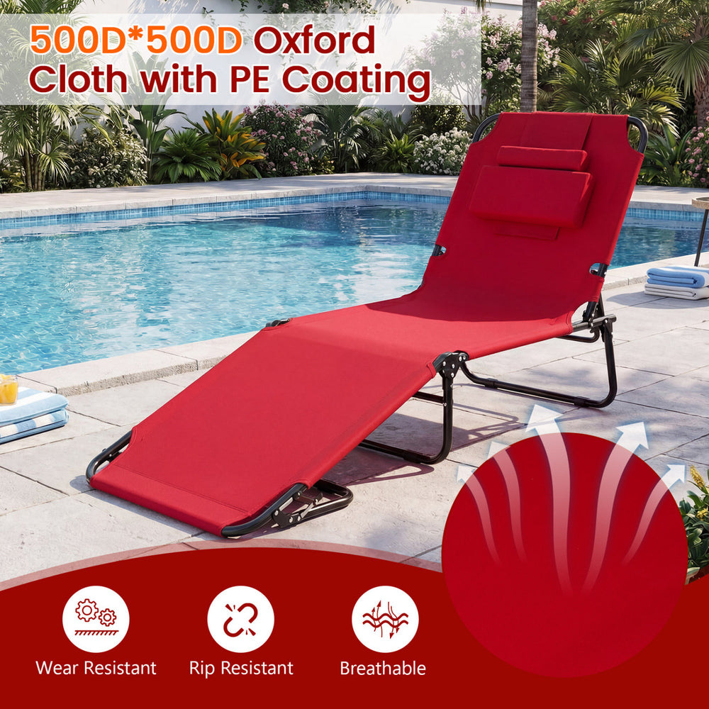 Folding tanning chair in red with adjustable backrest, face hole, and 3 removable pillows for poolside relaxation.